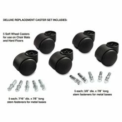 Master Caster® Deluxe Futura Casters, Flush Mount, Grip Ring Type B And Type K Stems, 2.19" Soft Polyurethane Wheel, Matte Black, 5/Set