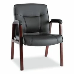 Alera® Alera Madaris Series Bonded Leather Guest Chair With Wood Trim Legs, 25.39" X 25.98" X 35.62", Black Seat/Back, Mahogany Base